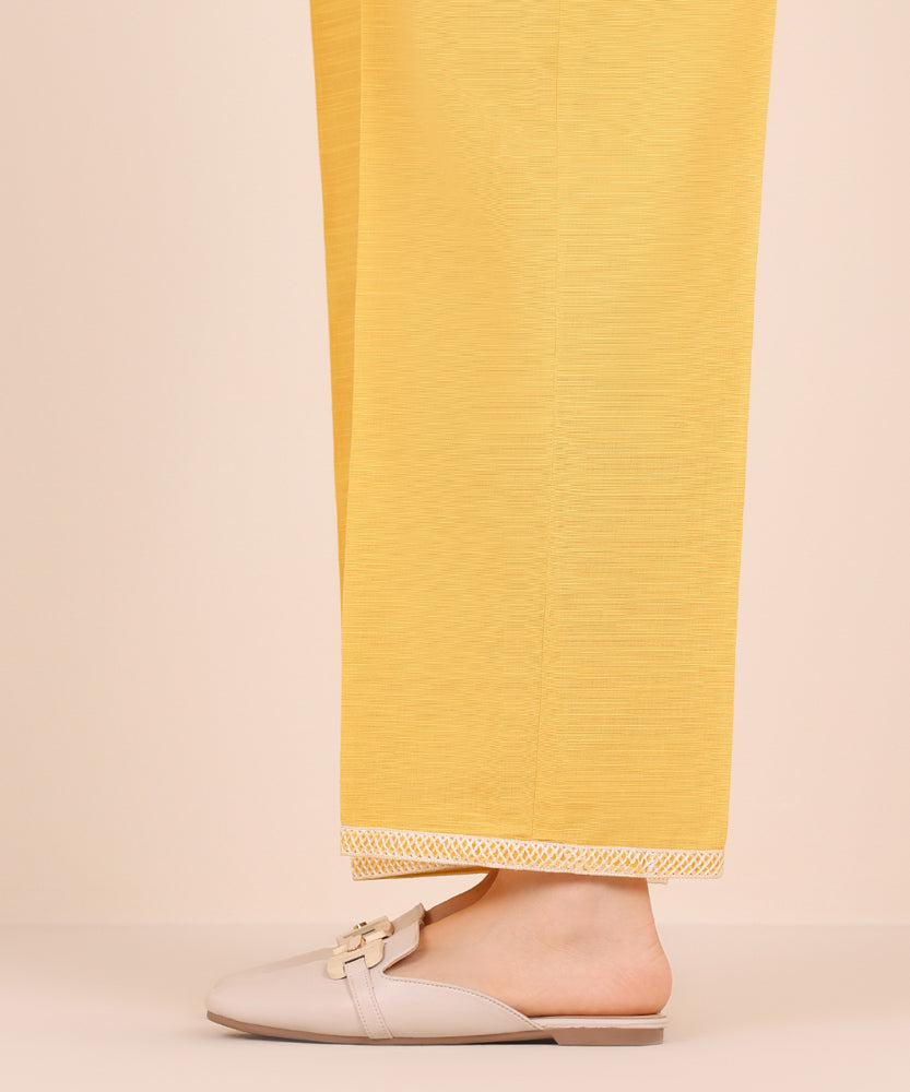 Women's Pret Solid Embroidered Sunflower Yellow Khaddar Straight Trousers