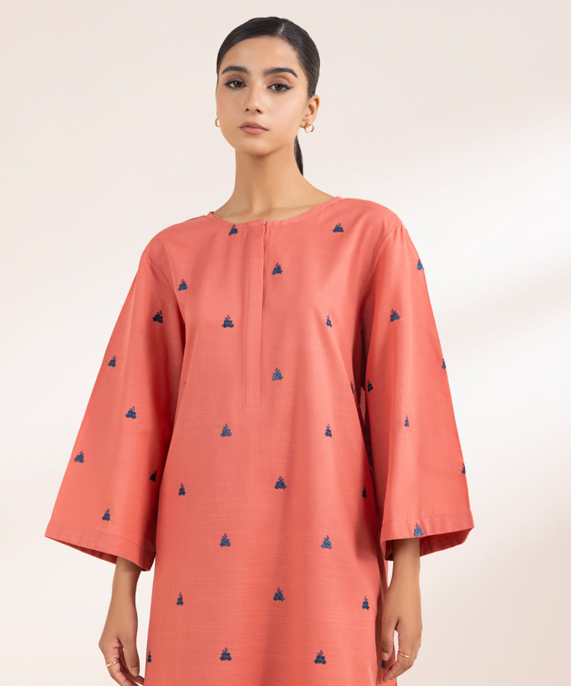 Women's Pret Solid Embroidered Coral Pink Light Khaddar Straight Shirt