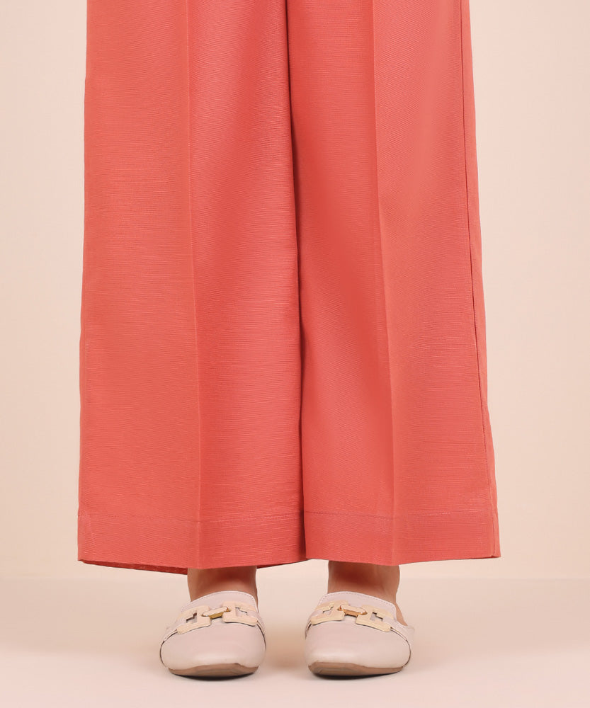 Women's Pret Solid Coral Pink Light Khaddar Culotte Trousers