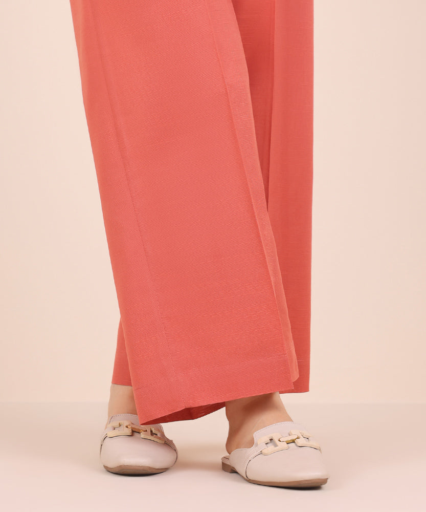 Women's Pret Solid Coral Pink Light Khaddar Culotte Trousers