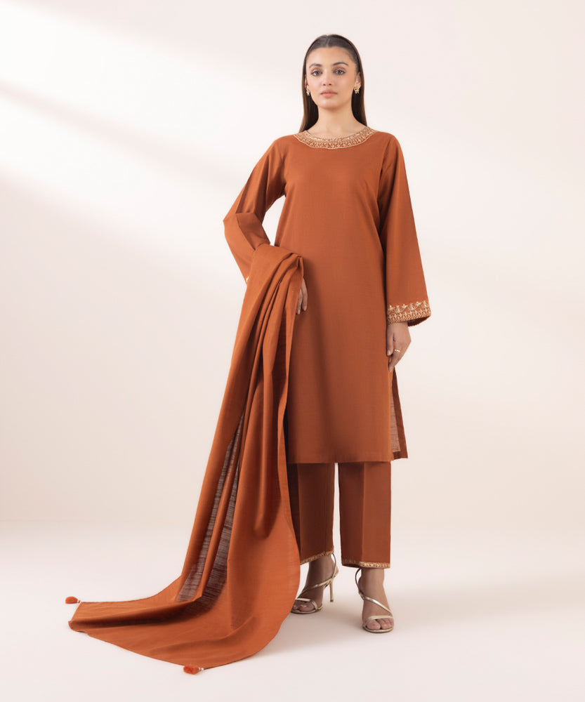 Women's Pret Solid Rust Brown Khaddar Dupatta