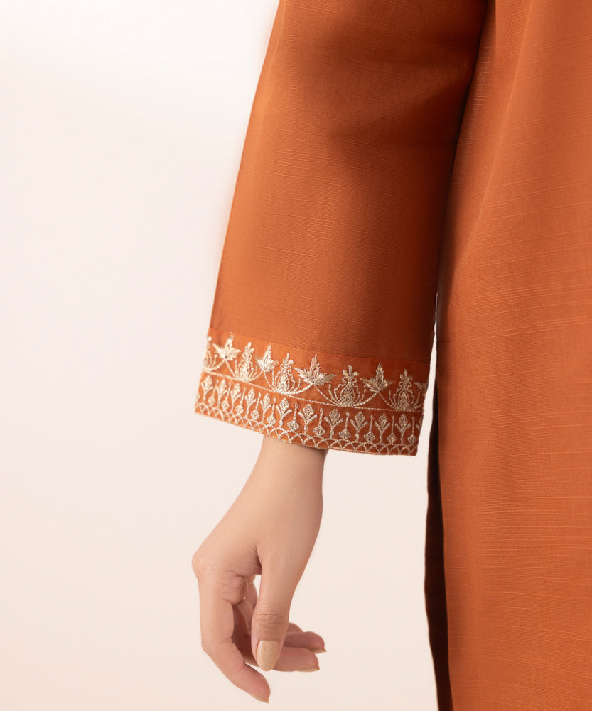 Women's Pret Solid Embroidered Rust Brown Light Khaddar A Line Shirt