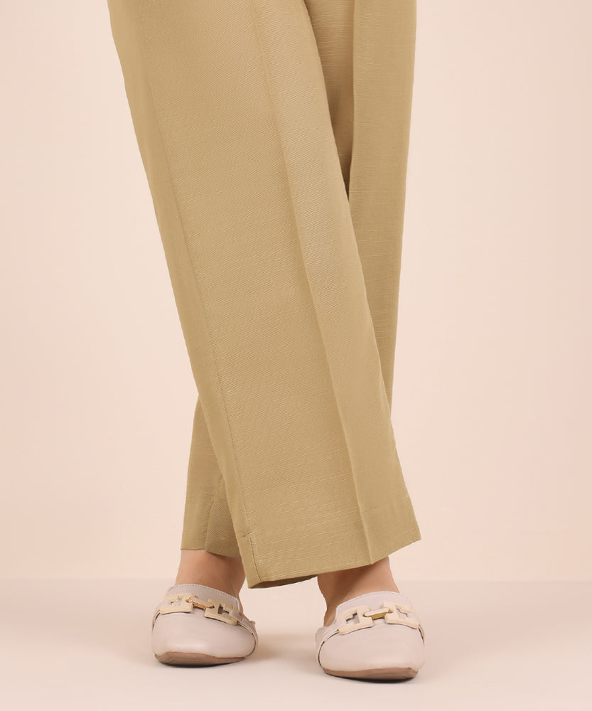 Women's Pret Solid Tan Light Khaddar Straight Trousers