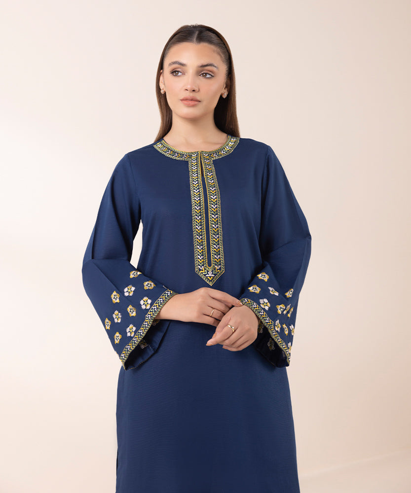 Women's Pret Solid Embroidered Navy Blue Light Khaddar A Line Shirt