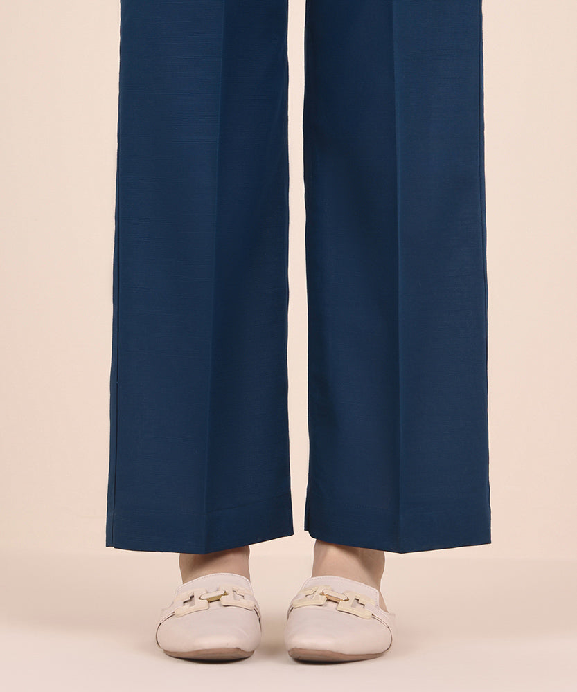 Women's Pret Solid Navy Blue Light Khaddar Straight Trousers