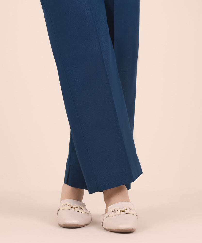 Women's Pret Solid Navy Blue Light Khaddar Straight Trousers