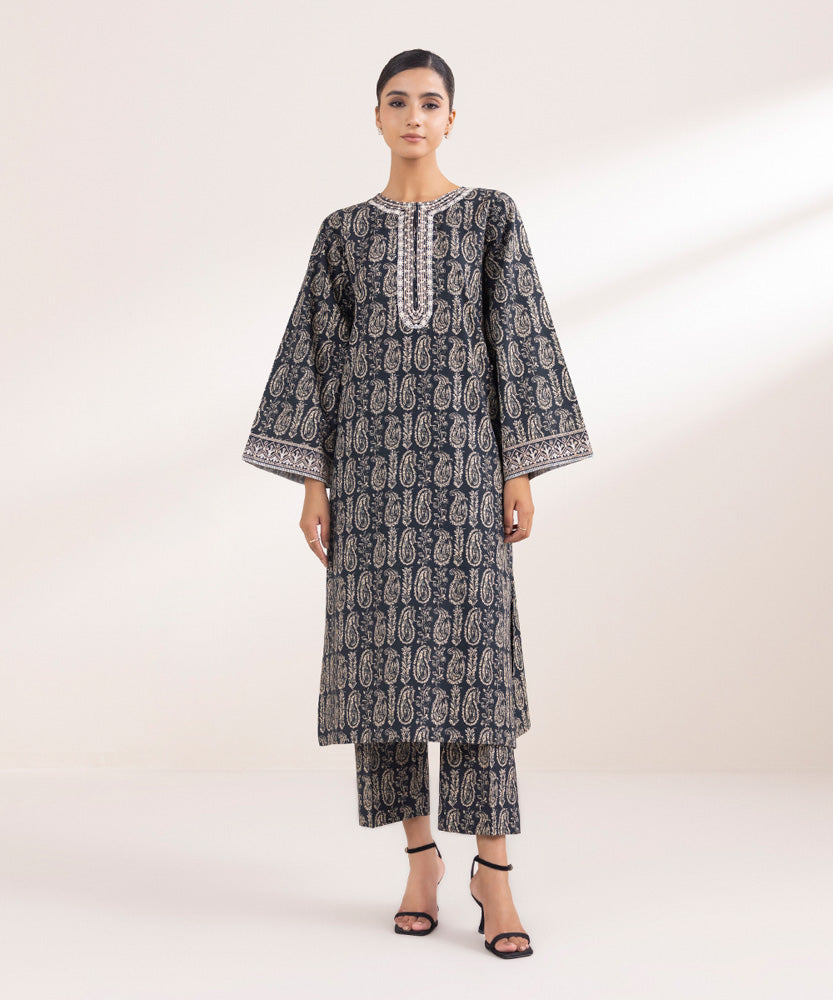 Women's Pret Printed Embroidered Navy Blue Light Khaddar A Line Shirt