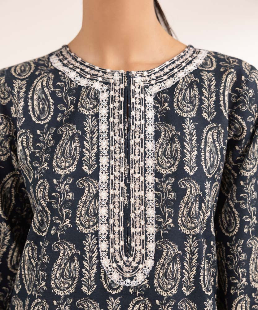 Women's Pret Printed Embroidered Navy Blue Light Khaddar A Line Shirt