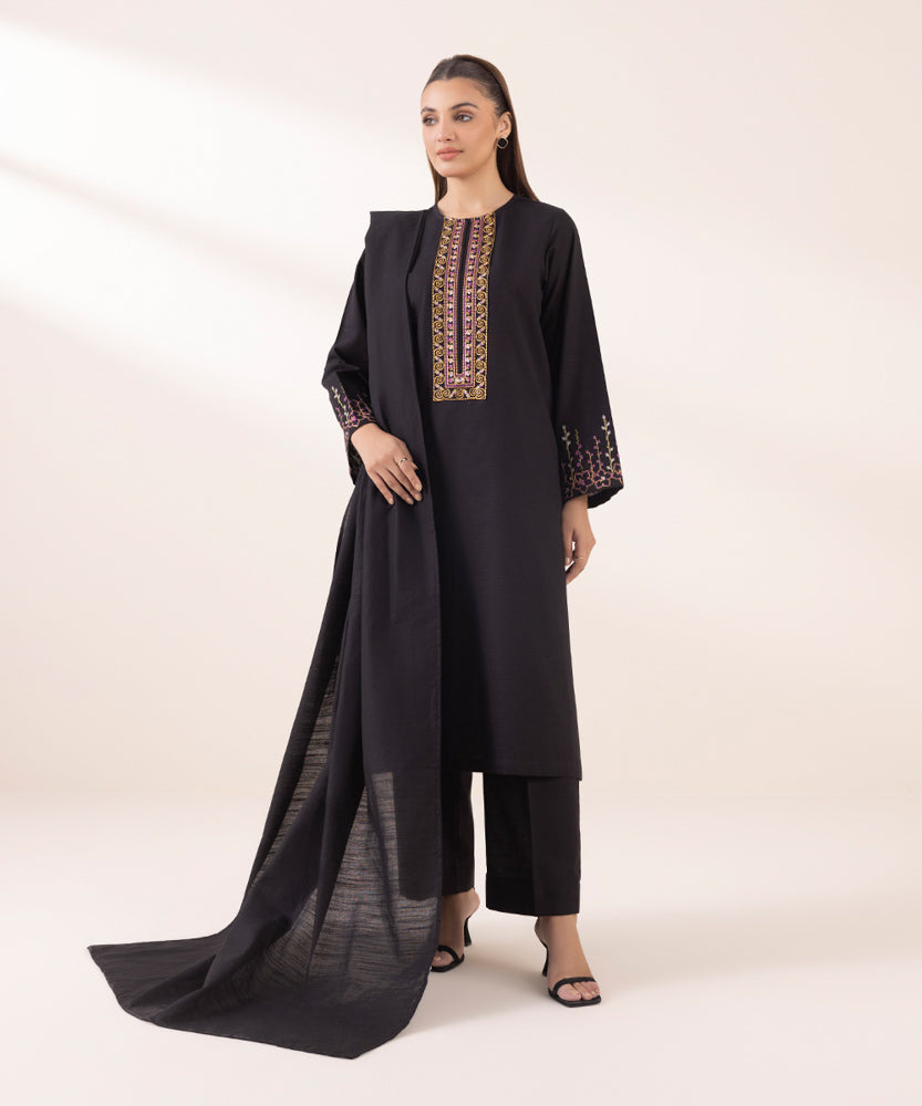 Women's Pret Solid Black Khaddar Dupatta