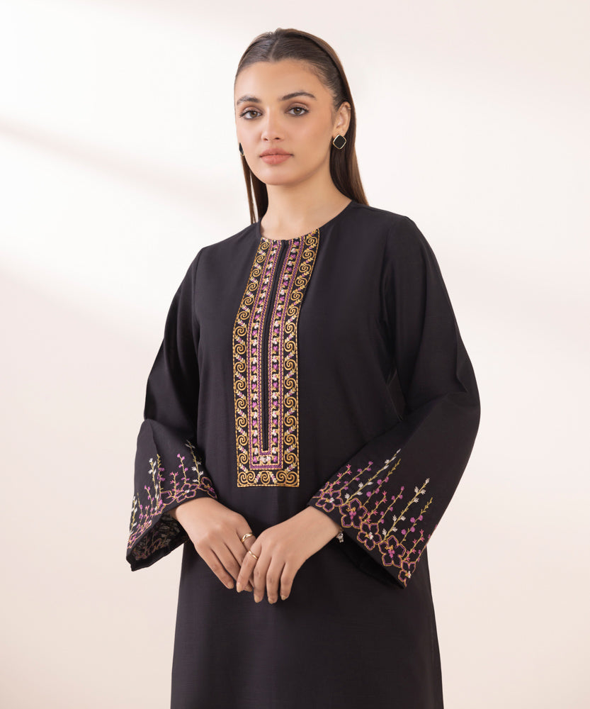 Women's Pret Solid Embroidered Black Light Khaddar A Line Shirt