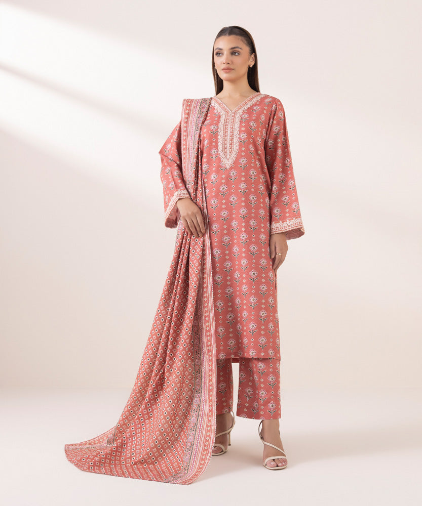 Women's Pret Printed Coral Pink Khaddar Dupatta