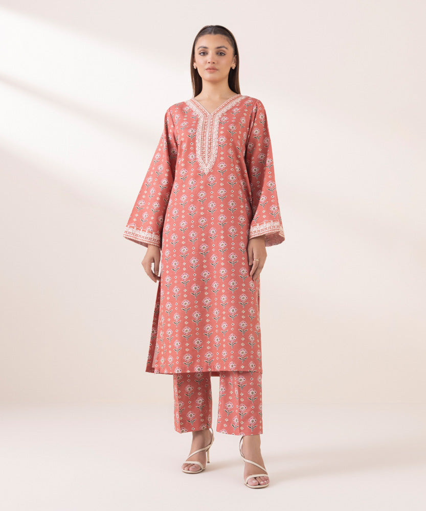 Women's Pret Printed Embroidered Coral Pink Light Khaddar A Line Shirt