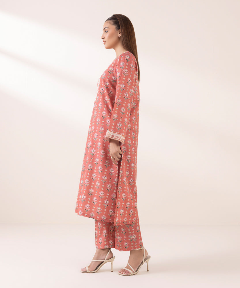 Women's Pret Printed Embroidered Coral Pink Light Khaddar A Line Shirt