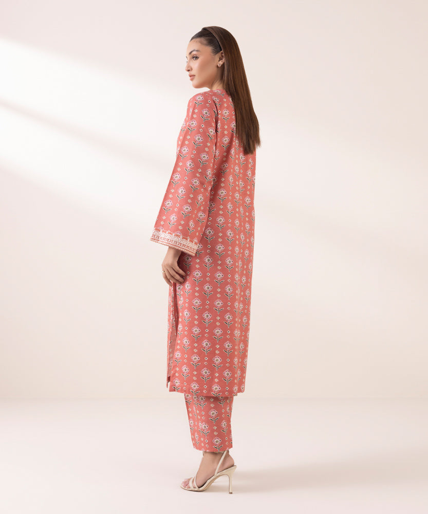 Women's Pret Printed Embroidered Coral Pink Light Khaddar A Line Shirt