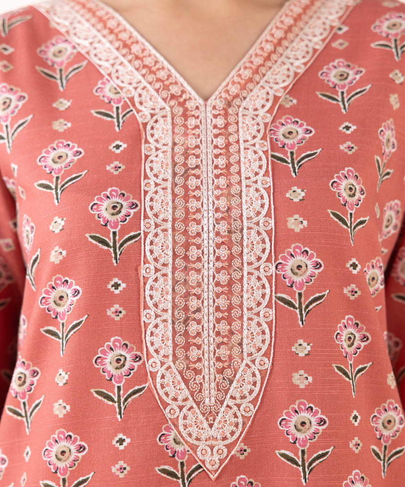 Women's Pret Printed Embroidered Coral Pink Light Khaddar A Line Shirt