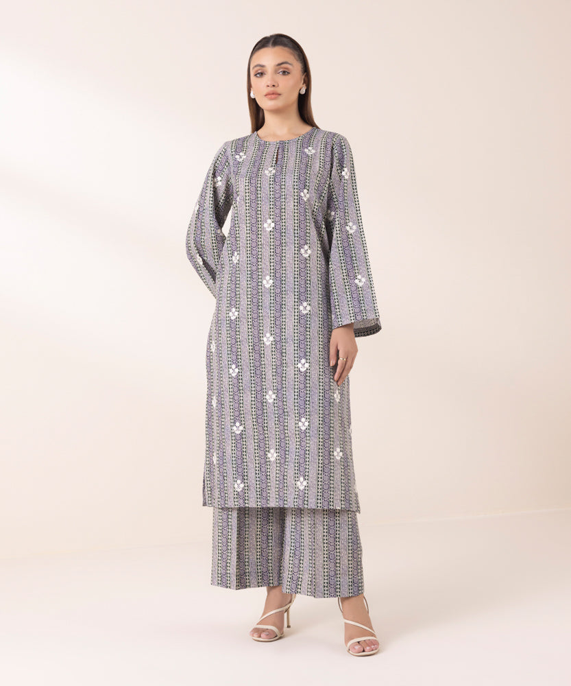 Women's Pret Printed Embroidered Forest Green Light Khaddar A Line Shirt