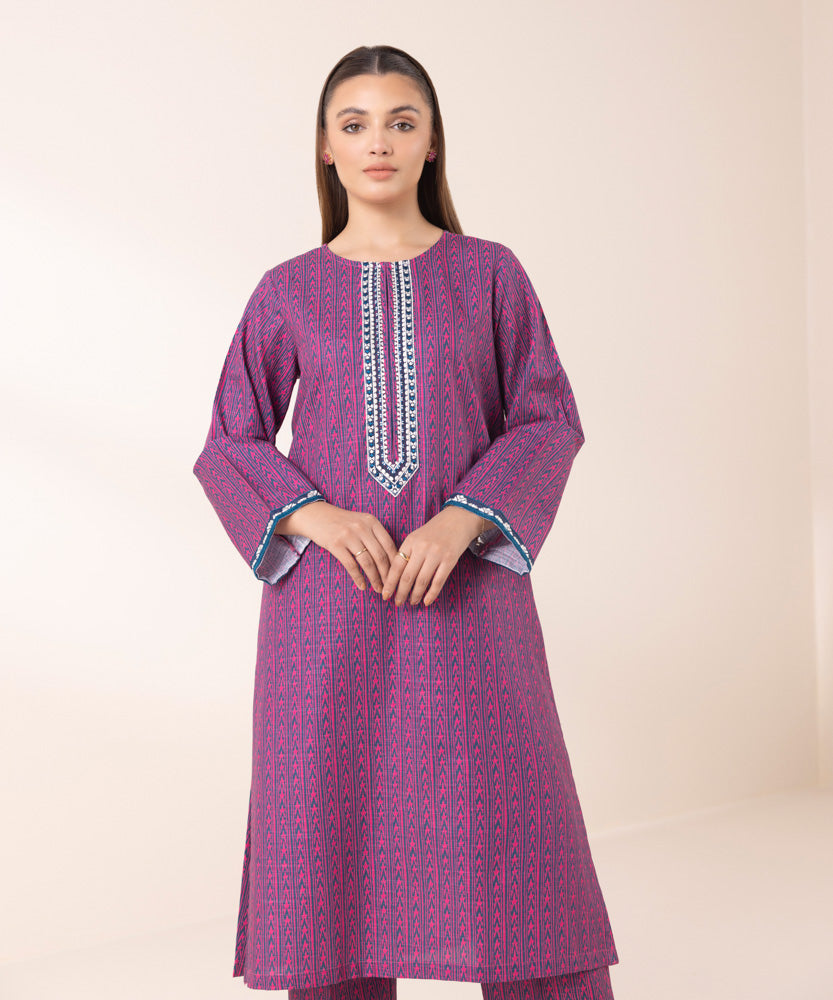 Women's Pret Printed Embroidered Magenta Khaddar A Line Shirt