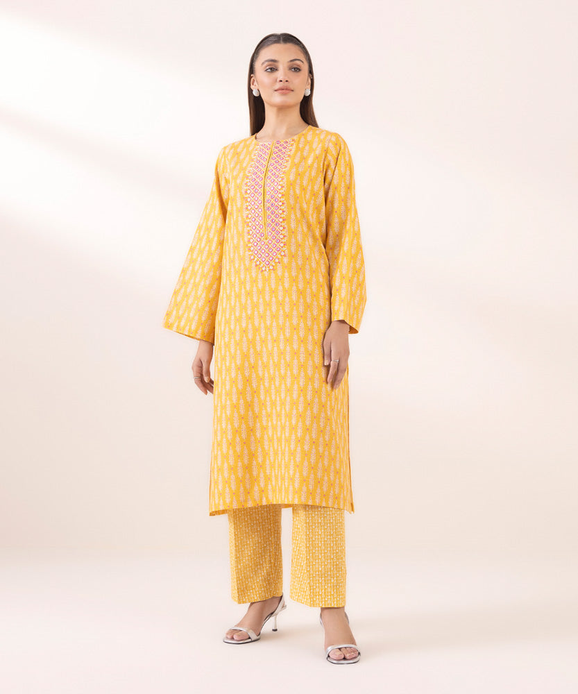 Women's Pret Printed Embroidered Butter Yellow Light Khaddar A Line Shirt