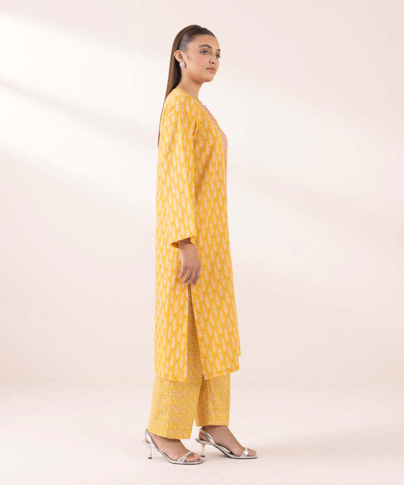 Women's Pret Printed Embroidered Butter Yellow Light Khaddar A Line Shirt