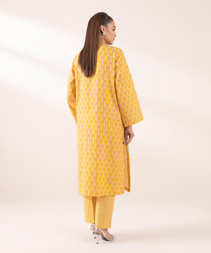 Women's Pret Printed Embroidered Butter Yellow Light Khaddar A Line Shirt