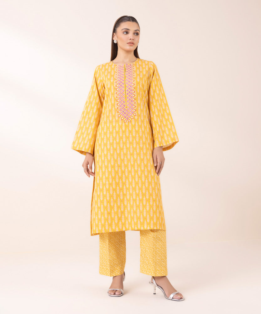 Women's Pret Printed Embroidered Butter Yellow Light Khaddar A Line Shirt