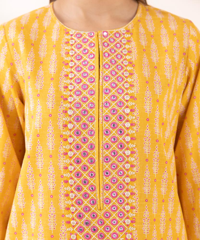 Women's Pret Printed Embroidered Butter Yellow Light Khaddar A Line Shirt