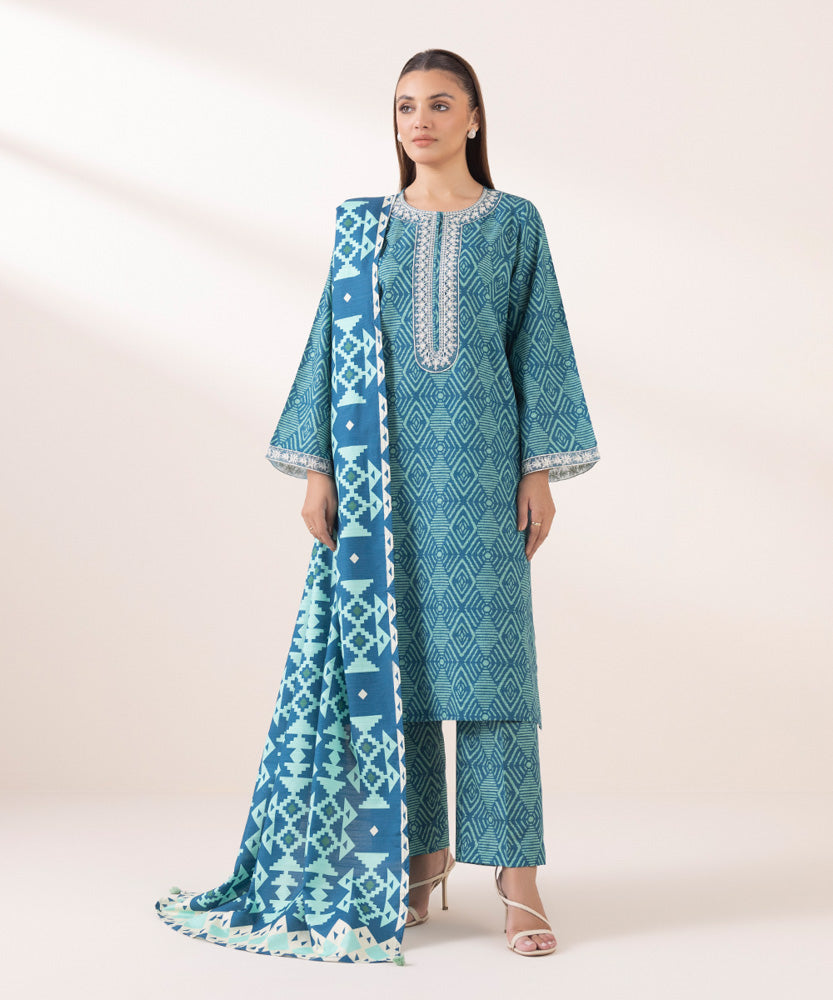 Women's Pret Printed Aqua Blue Khaddar Dupatta