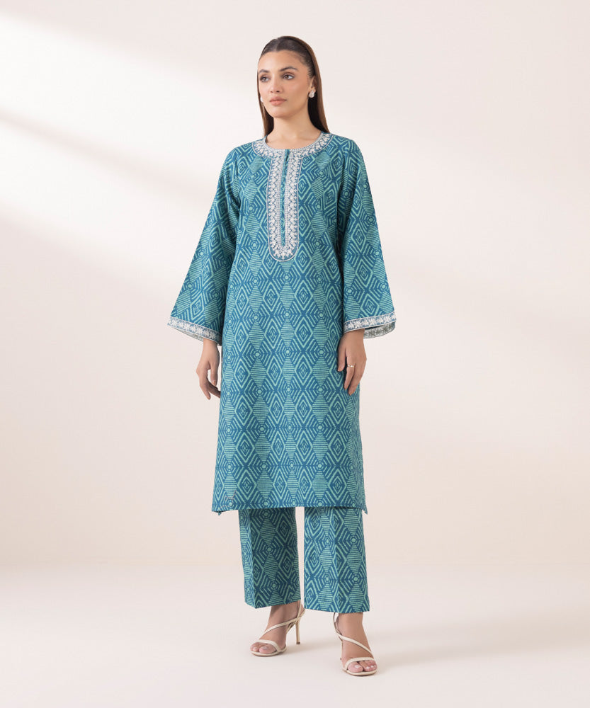 Women's Pret Printed Embroidered Aqua Green Khaddar A Line Shirt