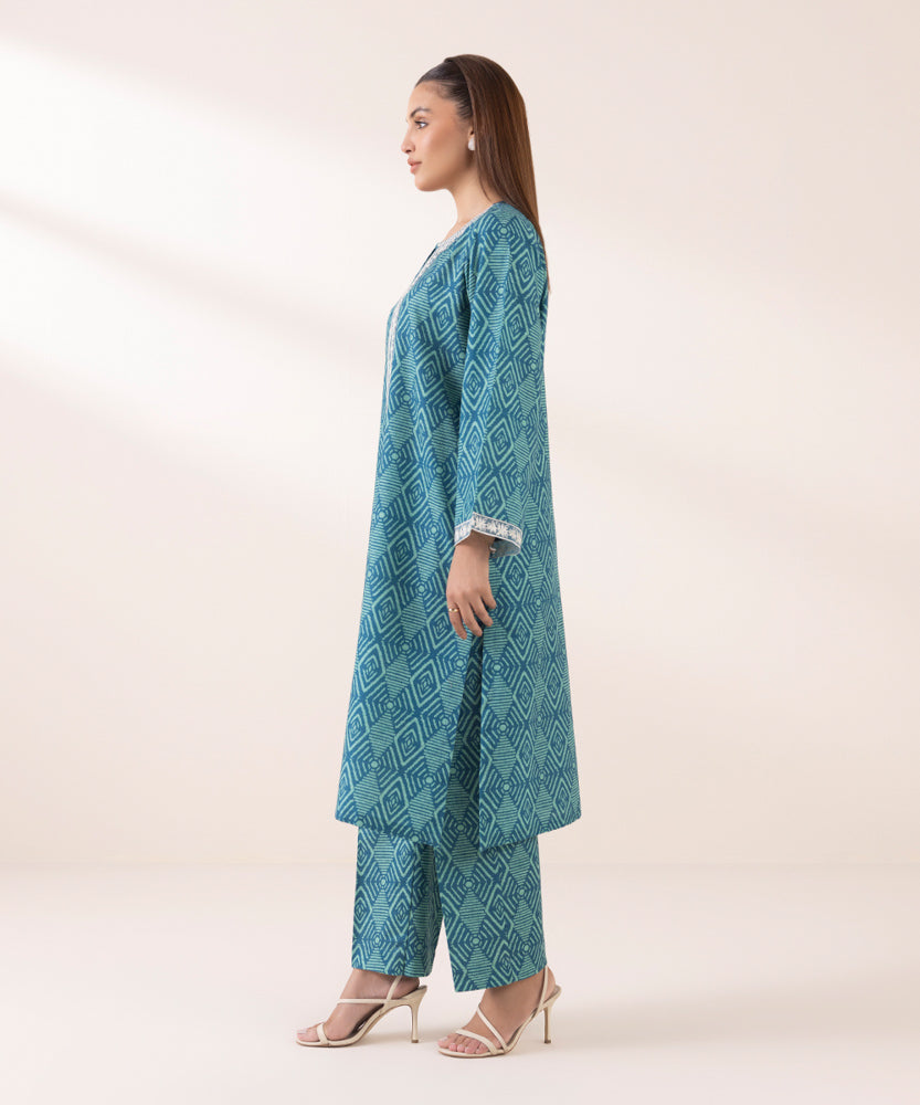 Women's Pret Printed Embroidered Aqua Green Khaddar A Line Shirt