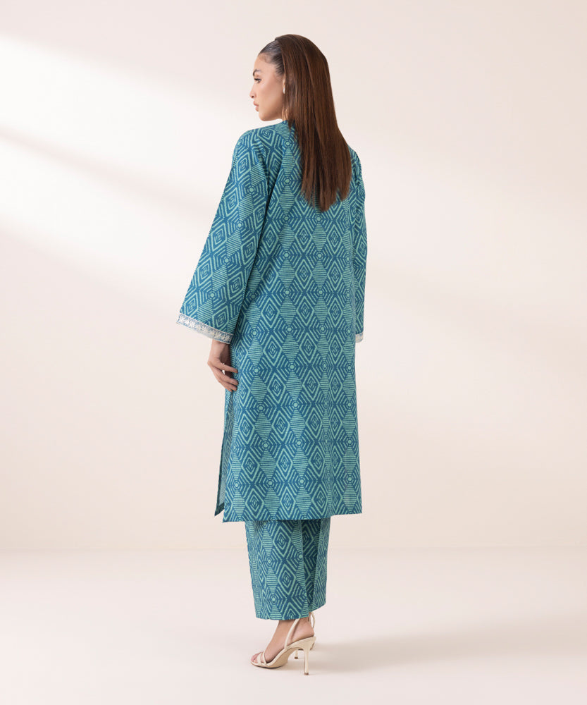 Women's Pret Printed Embroidered Aqua Green Khaddar A Line Shirt