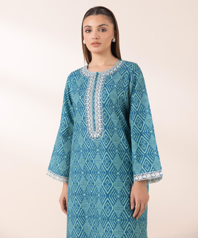 Women's Pret Printed Embroidered Aqua Green Khaddar A Line Shirt