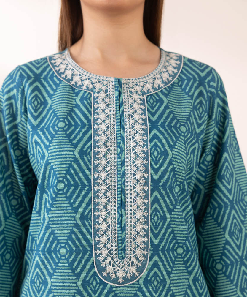 Women's Pret Printed Embroidered Aqua Green Khaddar A Line Shirt