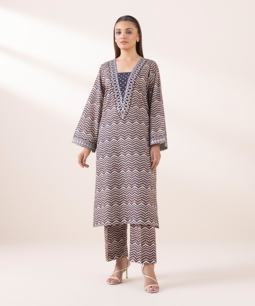 Women's Pret Printed Embroidered Navy Blue Light Khaddar A Line Shirt