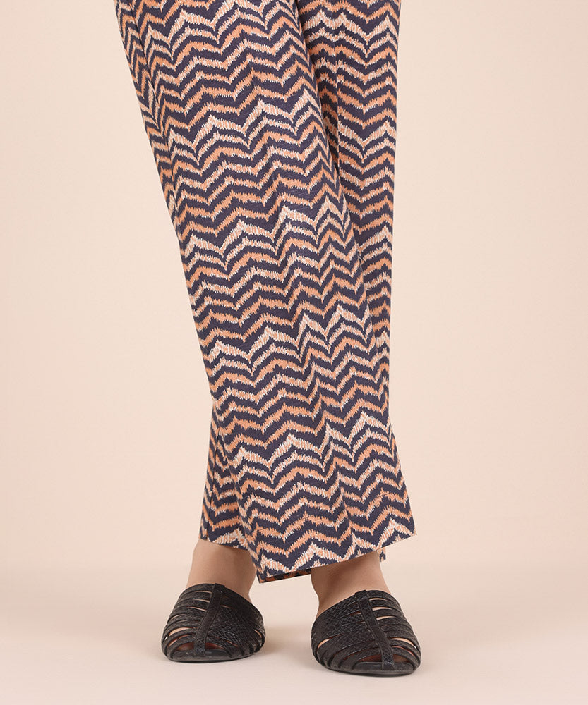 Women's Pret Printed Navy Blue Light Khaddar Straight Trousers