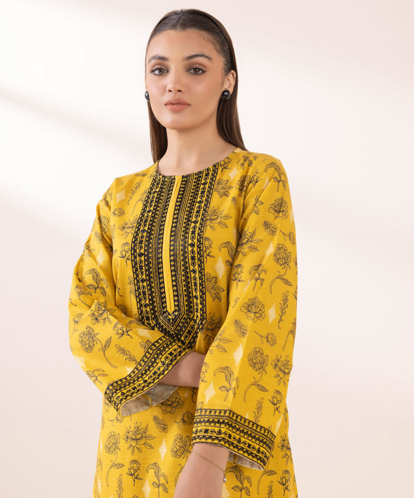 Women's Pret Printed Embroidered Mustard Light Khaddar A Line Shirt