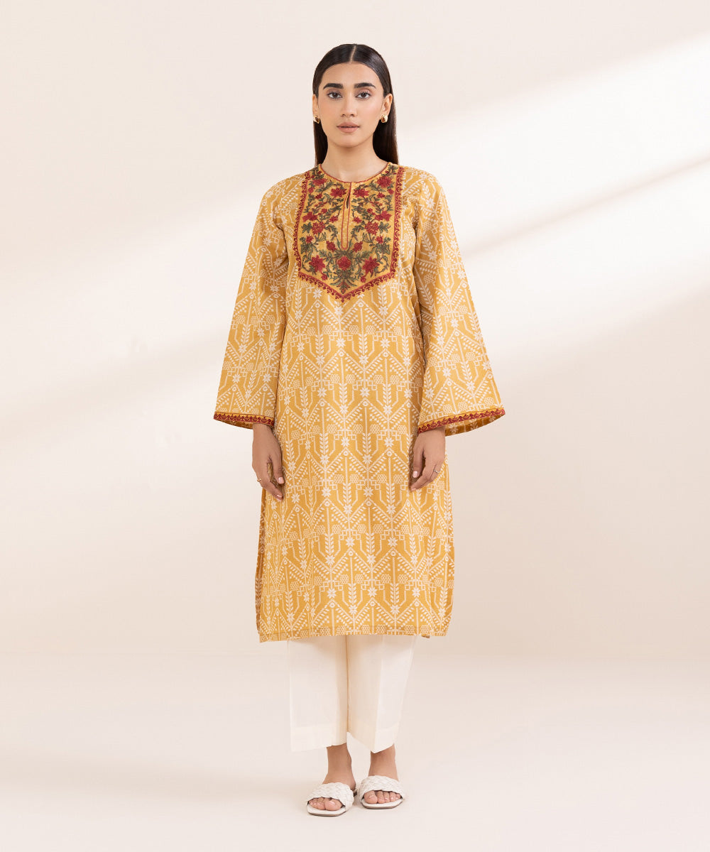 Women's Pret Cambric Yellow Embroidered A-Line Shirt