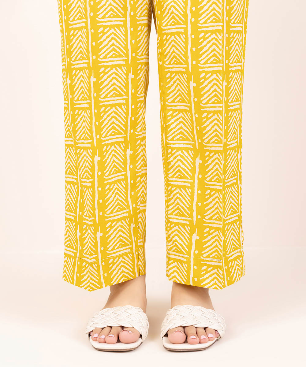 Women's Pret Cambric Yellow Printed Straight Pants