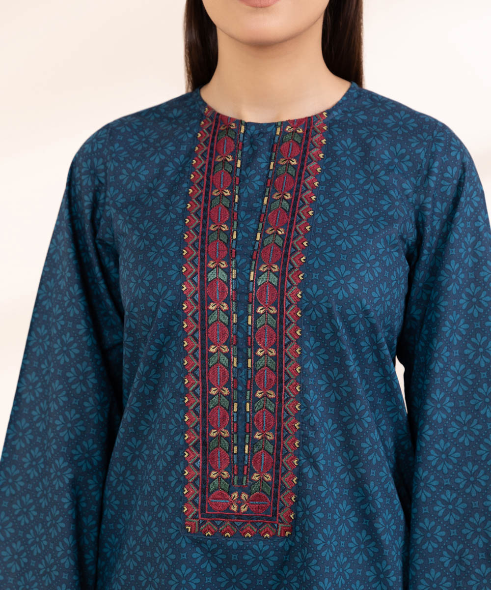 Women's Pret Cambric Blue Embroidered A-Line Shirt