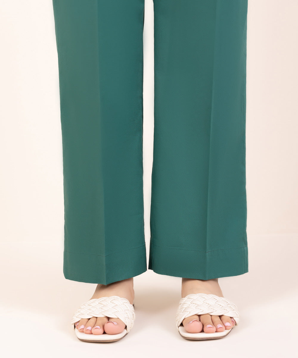 Women's Pret Cambric Green Solid Straight Pants