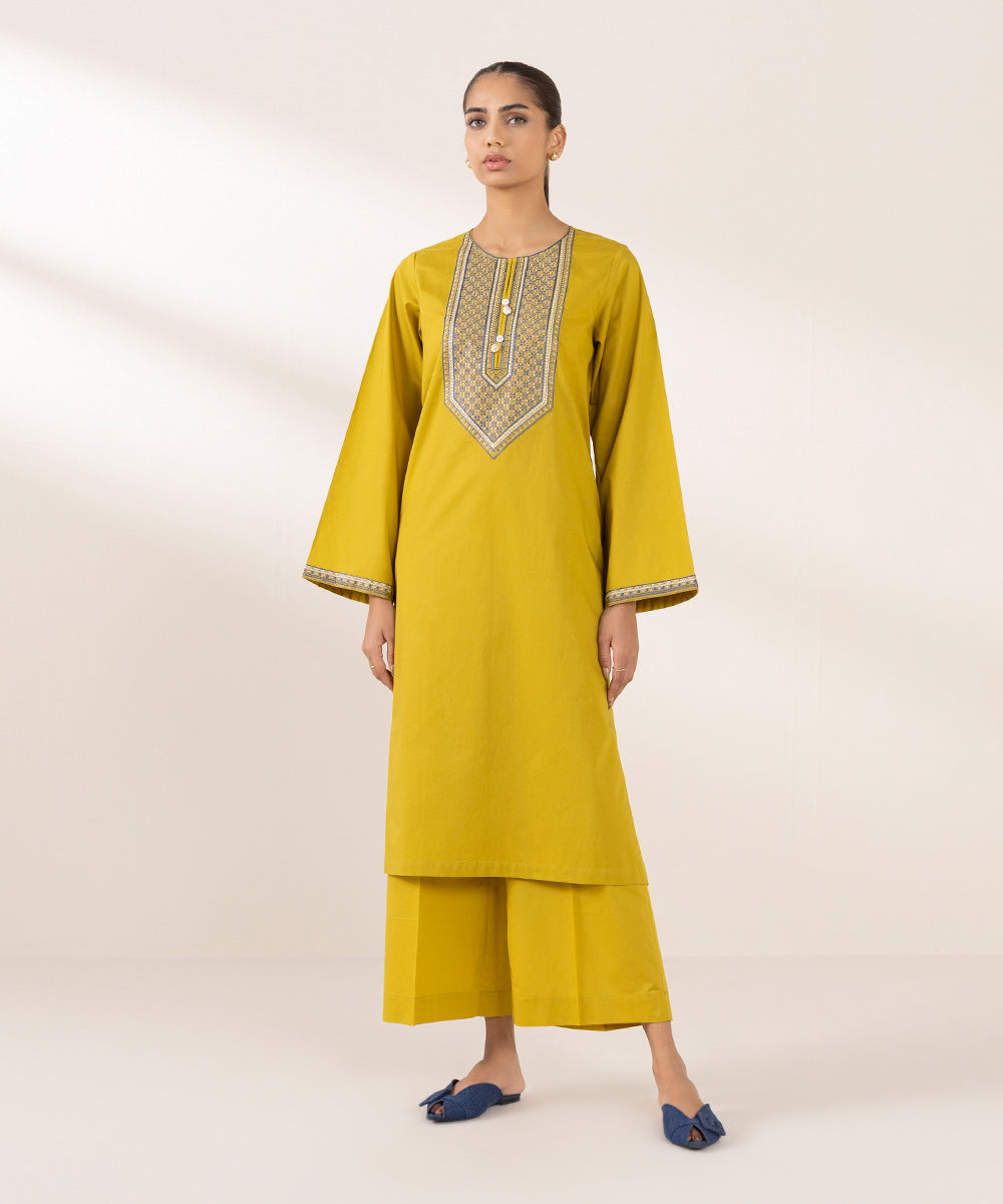 Women's Pret Cambric Embroidered Yellow A-Line Shirt