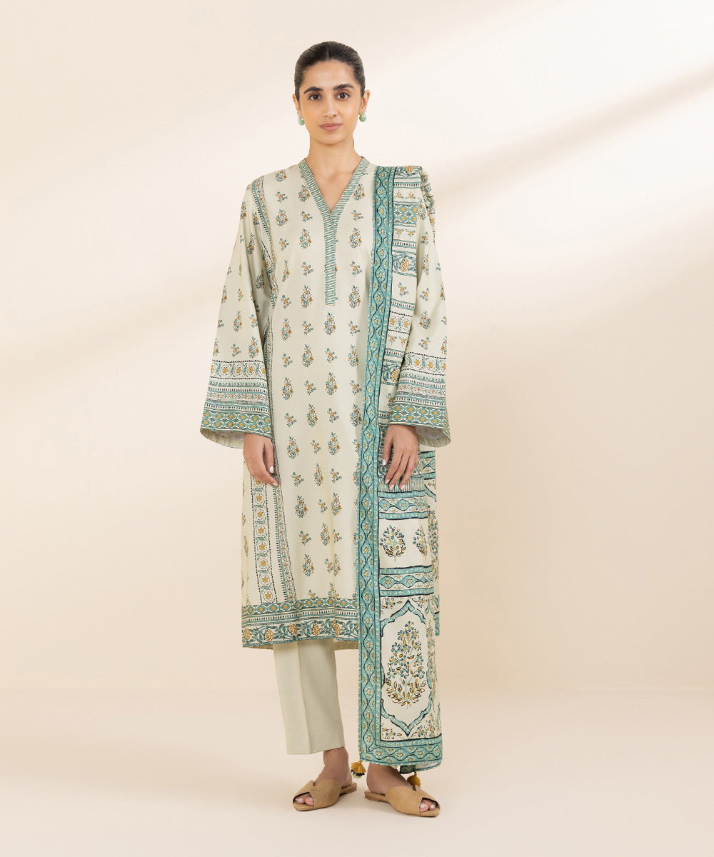 Women's Unstitched Linen Off White Printed 3 Piece Suit