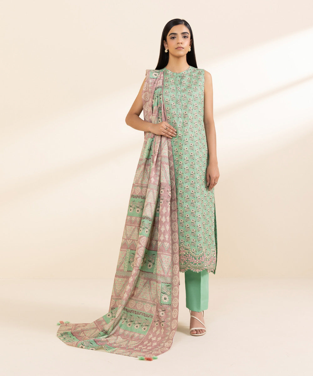 Women's Unstitched Cambric Embroidered Green 3 Piece Suit