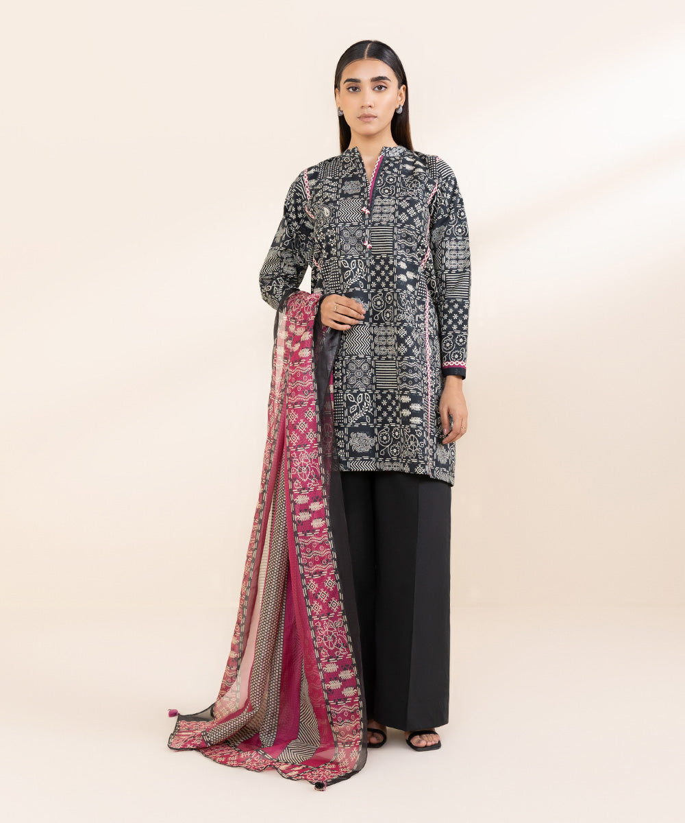 Women's Unstitched Lawn Black Printed 3 Piece Suit