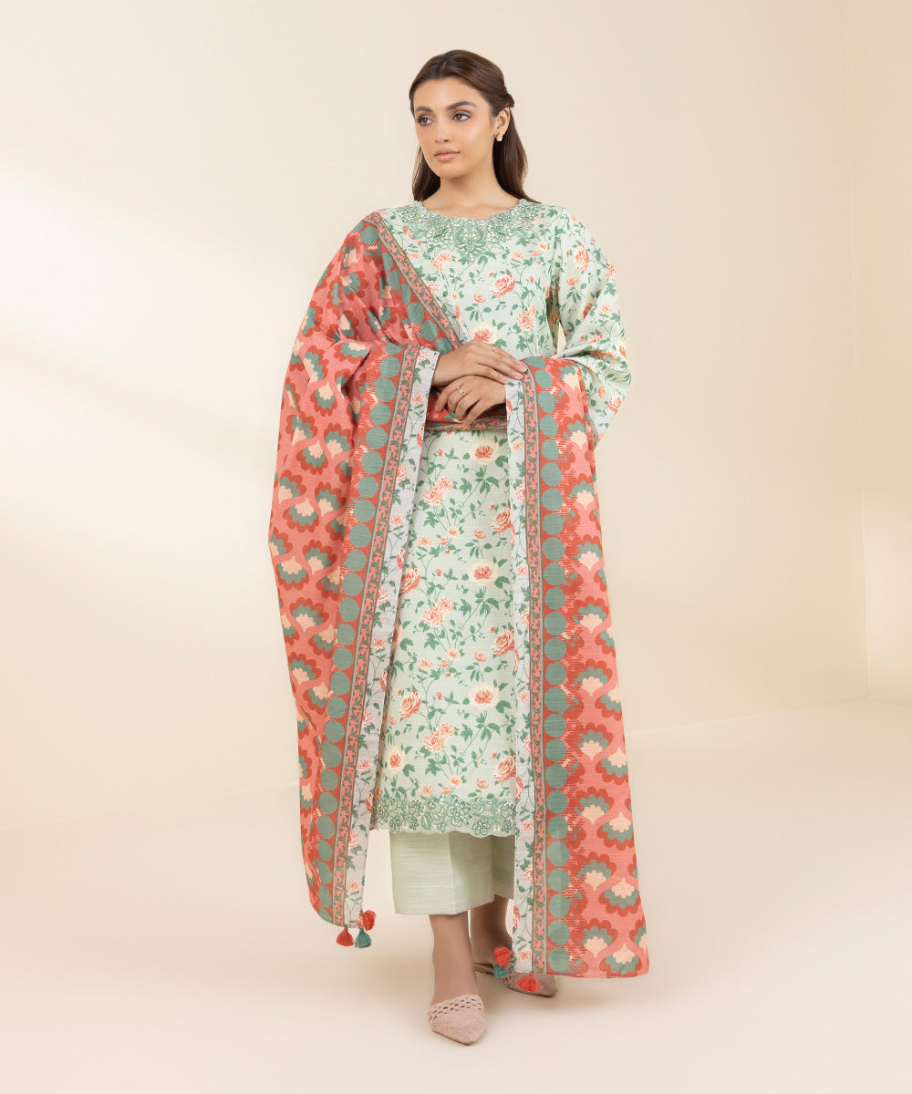 Women's Unstitched Khaddar Embroidered Green 3 Piece Suit