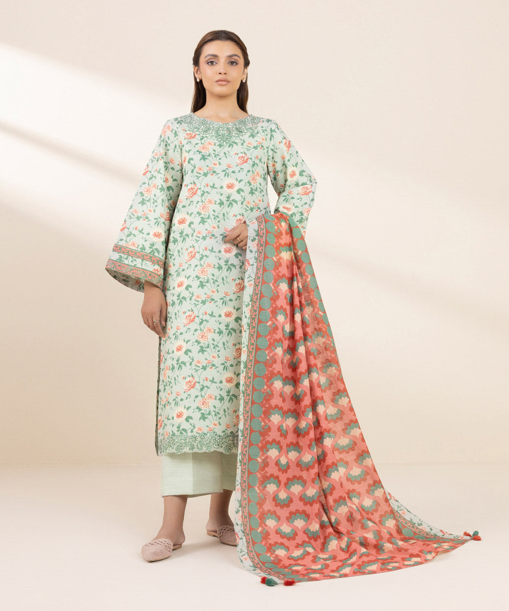 Women's Unstitched Khaddar Embroidered Green 3 Piece Suit