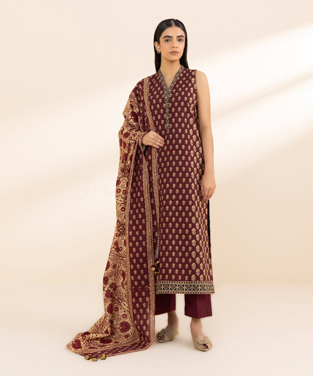 Women's Unstitched Khaddar Printed Red 3 Piece Suit