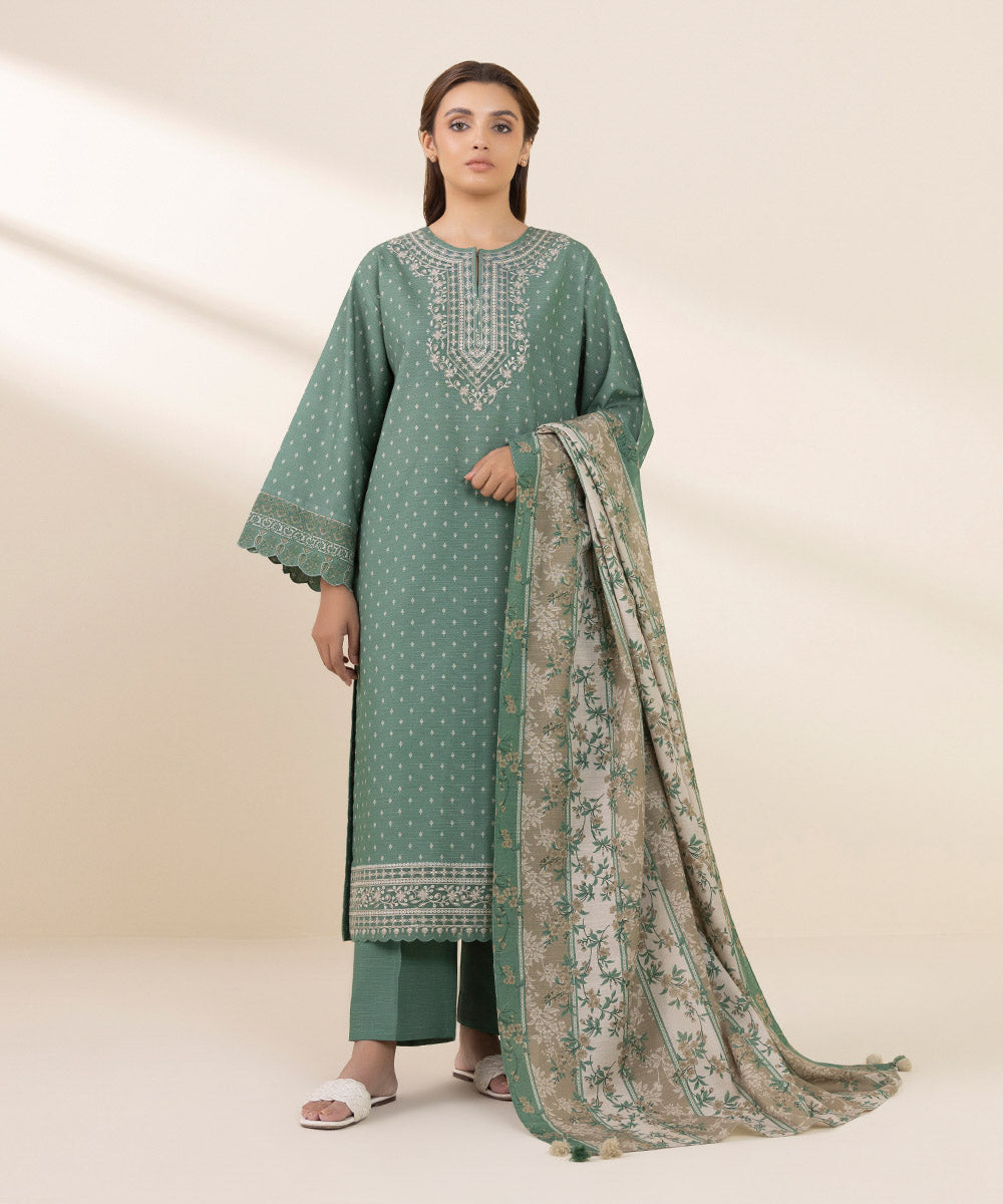 Women's Unstitched Khaddar Embroidered Green 3 Piece Suit