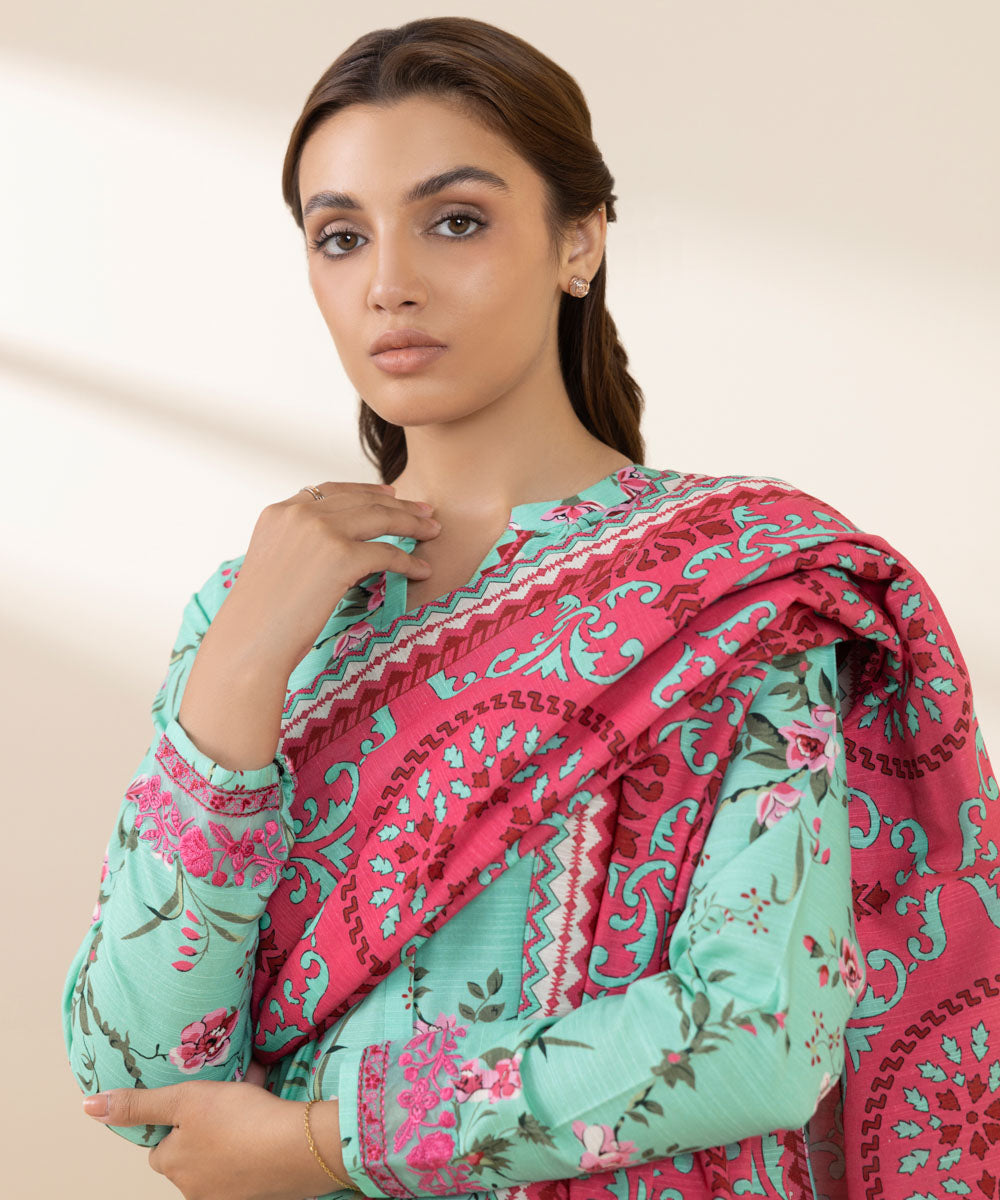 Women's Unstitched Khaddar Embroidered Multi 3 Piece Suit