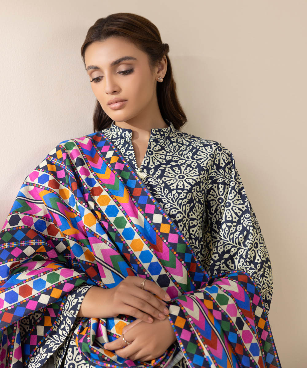 Women's Unstitched Khaddar Printed Multi 3 Piece Suit