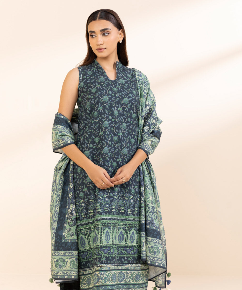 Women's Unstitched Khaddar Printed Blue 3 Piece Suit